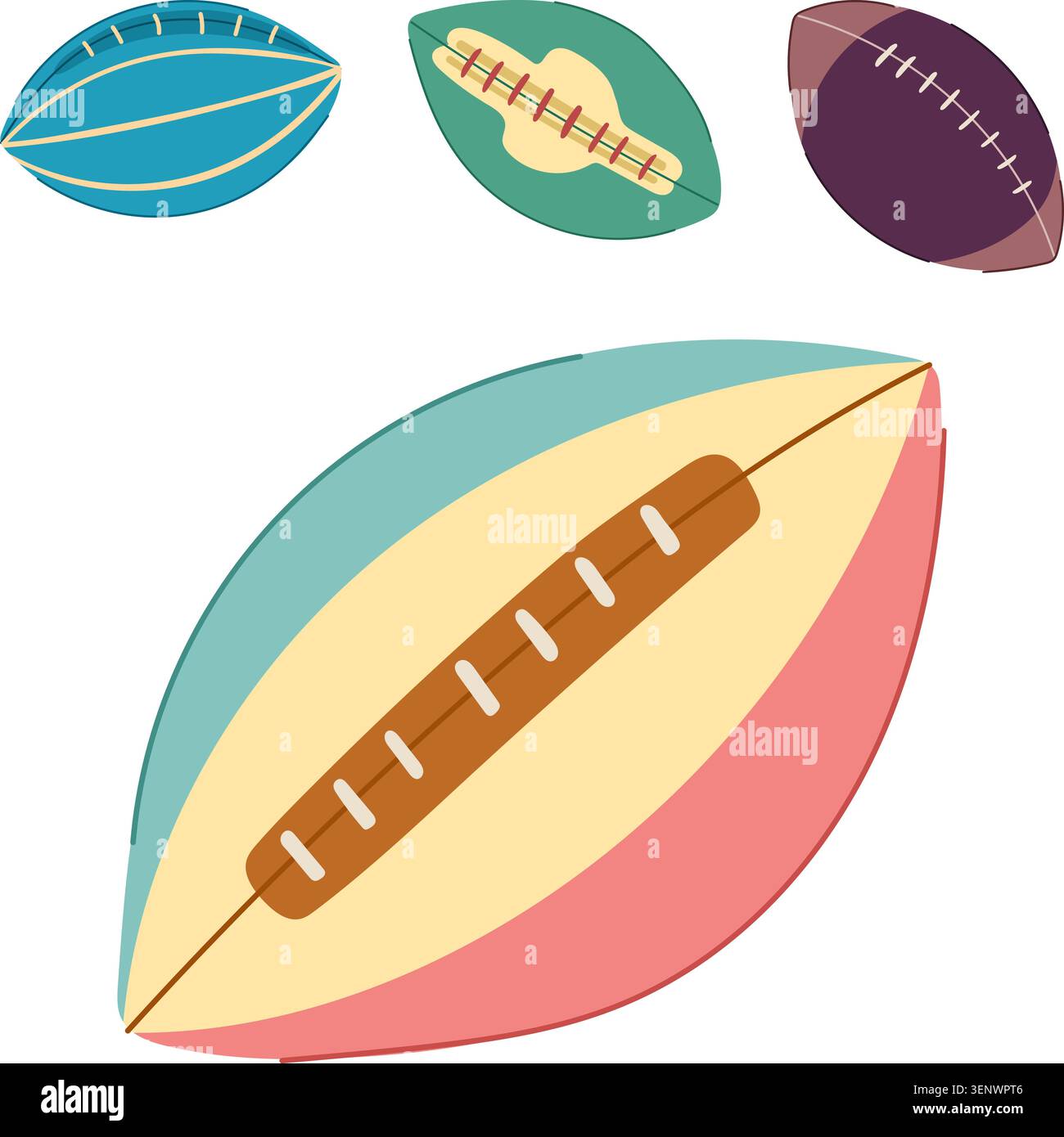 Stilvolles flaches Design, das eine Kollektion von ovalen Sportbälle mit traditionellen Schnürdetails in verschiedenen Farbschemata und einem weißen Design wiedergibt Stock Vektor
