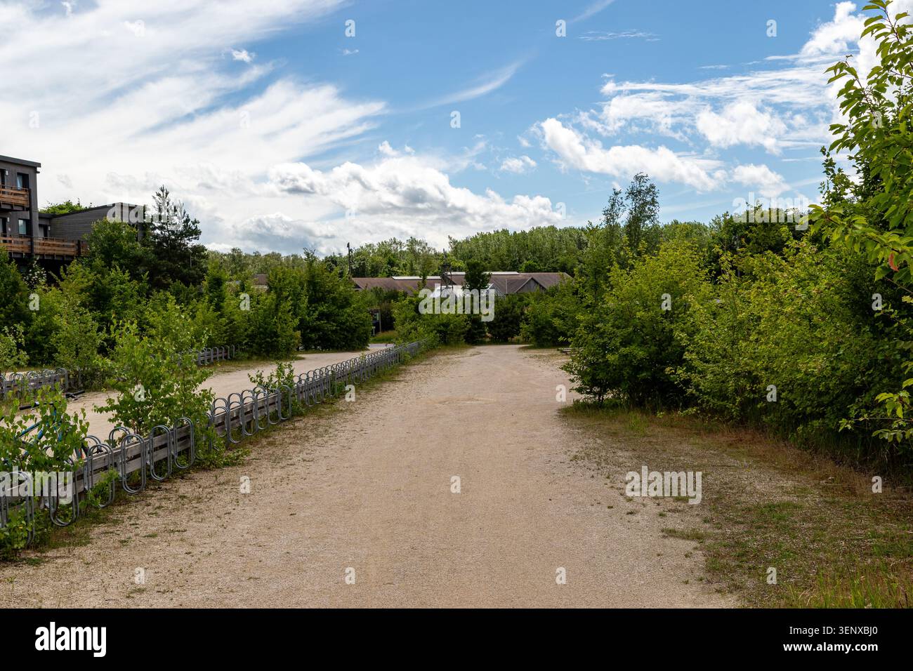Ein ruhiger Schotterpfad schlängelt sich durch dichtes grünes Laub, das von einem Metallzaun umgeben ist, unter einem teilweise bewölkten Himmel im Center Parcs Villages Nature Paris, F Stockfoto