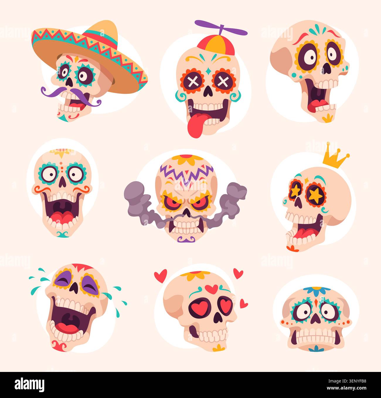 Cartoon Skulls. Vektor-Kollektion mit gruseligen, niedlichen Skelett-Gesichtern mit Comic-Ausdrücken und verspieltem exaktem Stil Stock Vektor