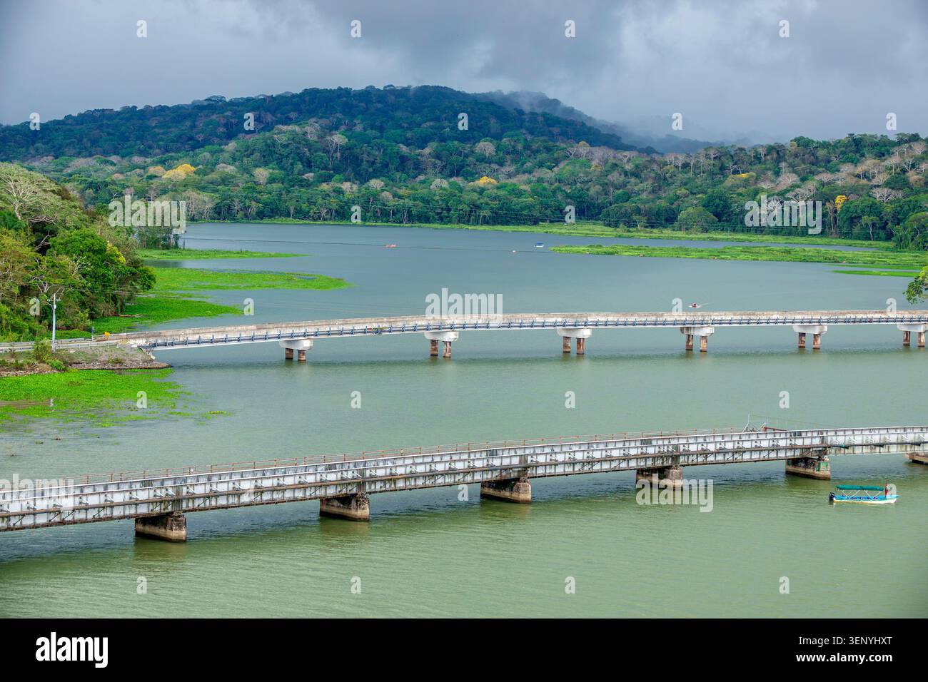 Panamakanal, Gatun-See, Straßenbrücke, tropischer Regenwald, Süßwassersee, Waldhügel, Feuchtgebiete, Dschungellandschaft, Flussüberquerung, Transport infras Stockfoto