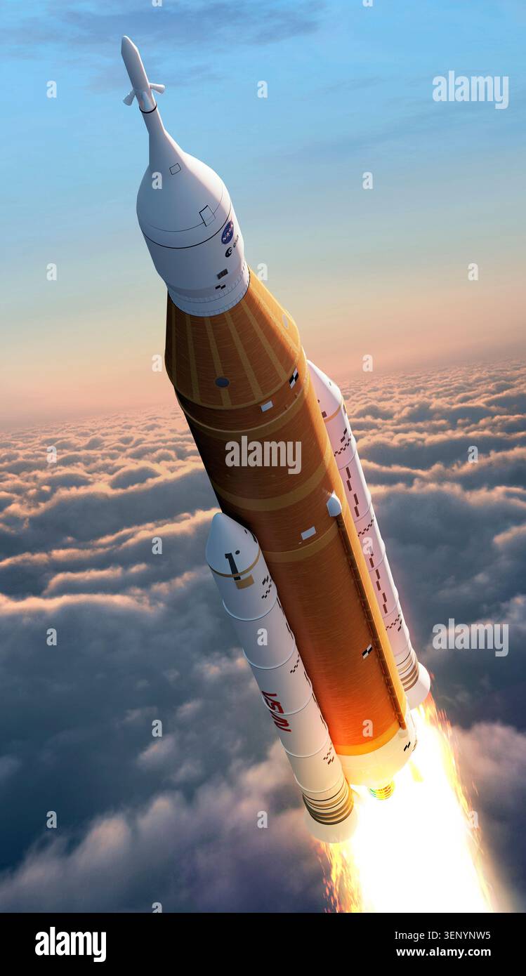 In dieser Abbildung fliegt das Space Launch System (SLS) der NASA. Die SLS-Raketen, die leistungsstärkste, die die NASA je gebaut hat, sind für die Zusammenarbeit mit der Artemis-Serie von Missionen konzipiert, um Menschen zum ersten Mal seit 1972 auf den Mond zurückzubringen. Die hier gezeigte Rakete ist SLS Block 1, der am 1. April 2026 erfolgreich gestartet wurde und die Artemis II-Mission startete. Vier Astronauten reisen über die ferne Seite des Mondes hinaus, bevor sie nach Hause zurückkehren. Stockfoto