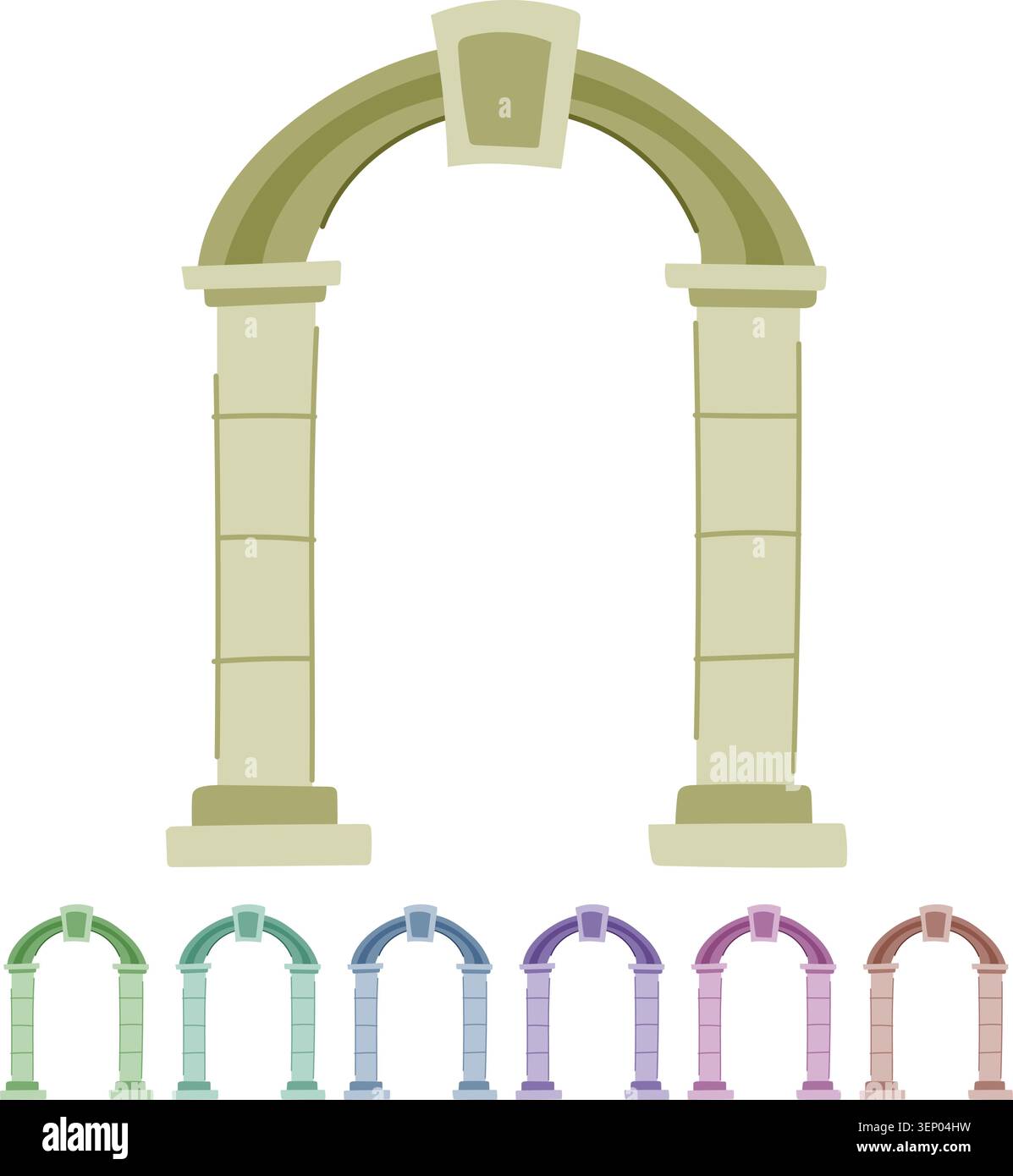 Steinbogentor als minimalistisches dekoratives Eingangssymbol, das an historische Architektur, Durchgang, Portal und klassische Säulen in einer flachen, vereinfachten Wohnung erinnert Stock Vektor