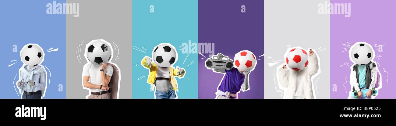 Vielfältige Personengruppe mit Fußballköpfen, Sportbegeisterung und Teamgeist, kreativer Collage-Kunst Stockfoto