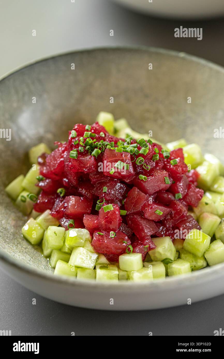 Frischer Thunfisch-Tatar mit Gurkenwürfeln Stockfoto