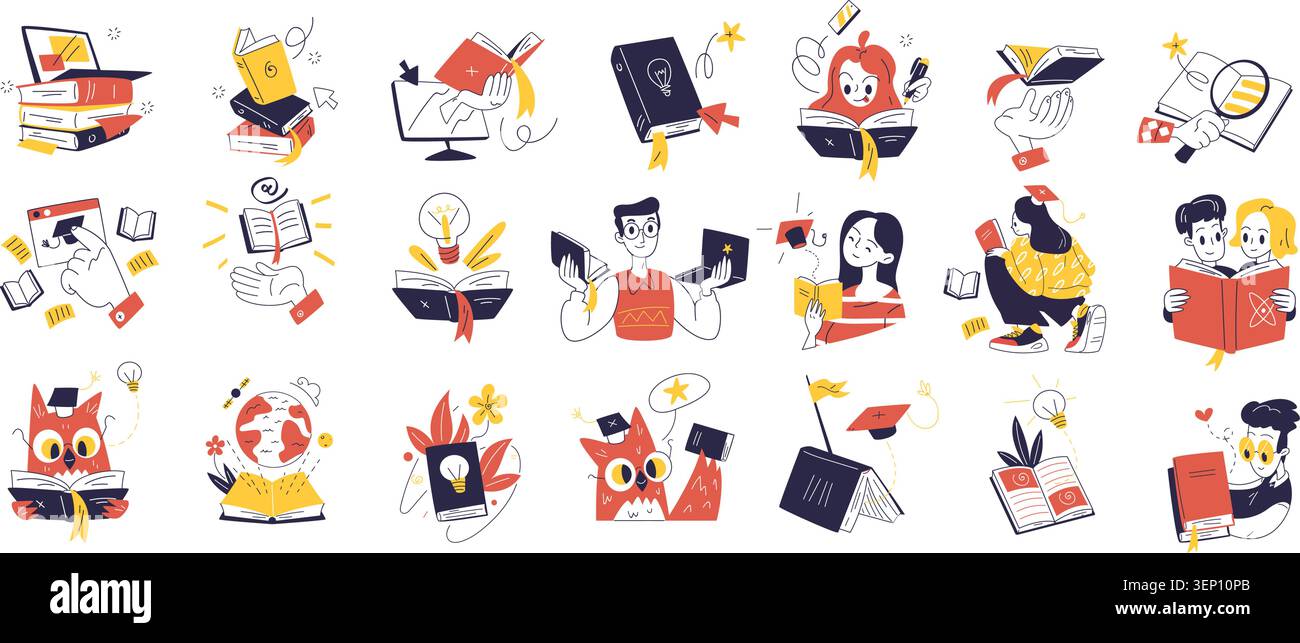 Buchen Sie Bildungsleute. Menschen lesen Bücher oder eBook online Schule Bibliothek oder College, Fernlernen Home Studium Business Literatur Universität Kurs, setzen klassische Vektor Illustration Original Kunstwerk Stock Vektor