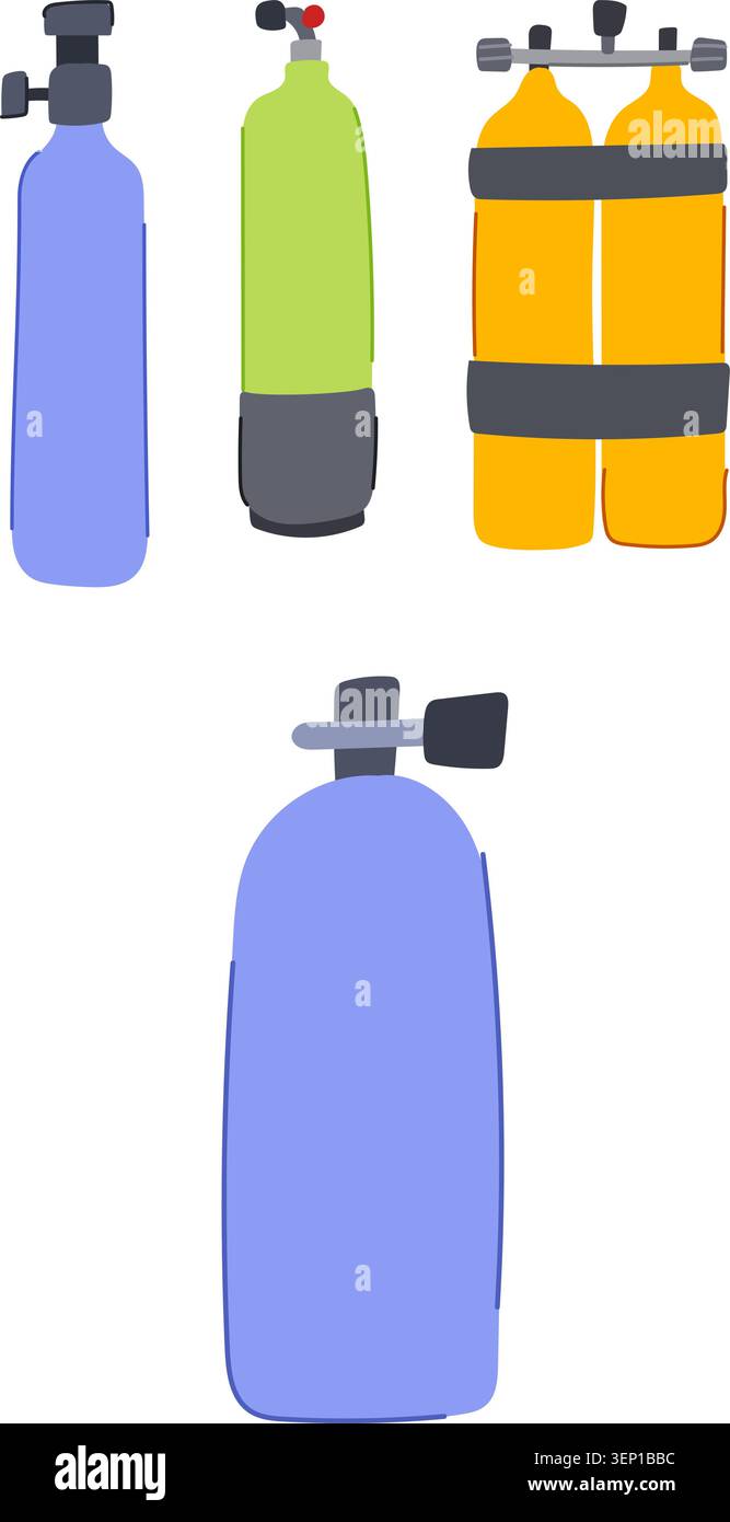 Tauchbecken und Sauerstoffflaschen, die als Ausschnitt angeordnet sind, zeigen verschiedene Unterwasser-Atemgeräte für Taucher, Sicherheitsausrüstung A Stock Vektor
