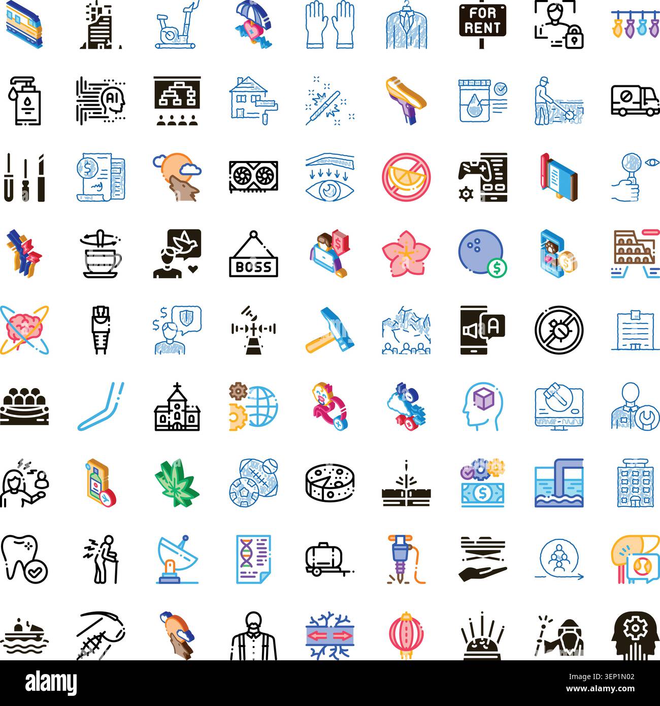 Sammlung verschiedener moderner Symbole im linearen, Pixel-perfekten und Glyphen-Stil, die eine breite Palette von Konzepten von Business, Technologie und Social issu veranschaulichen Stock Vektor