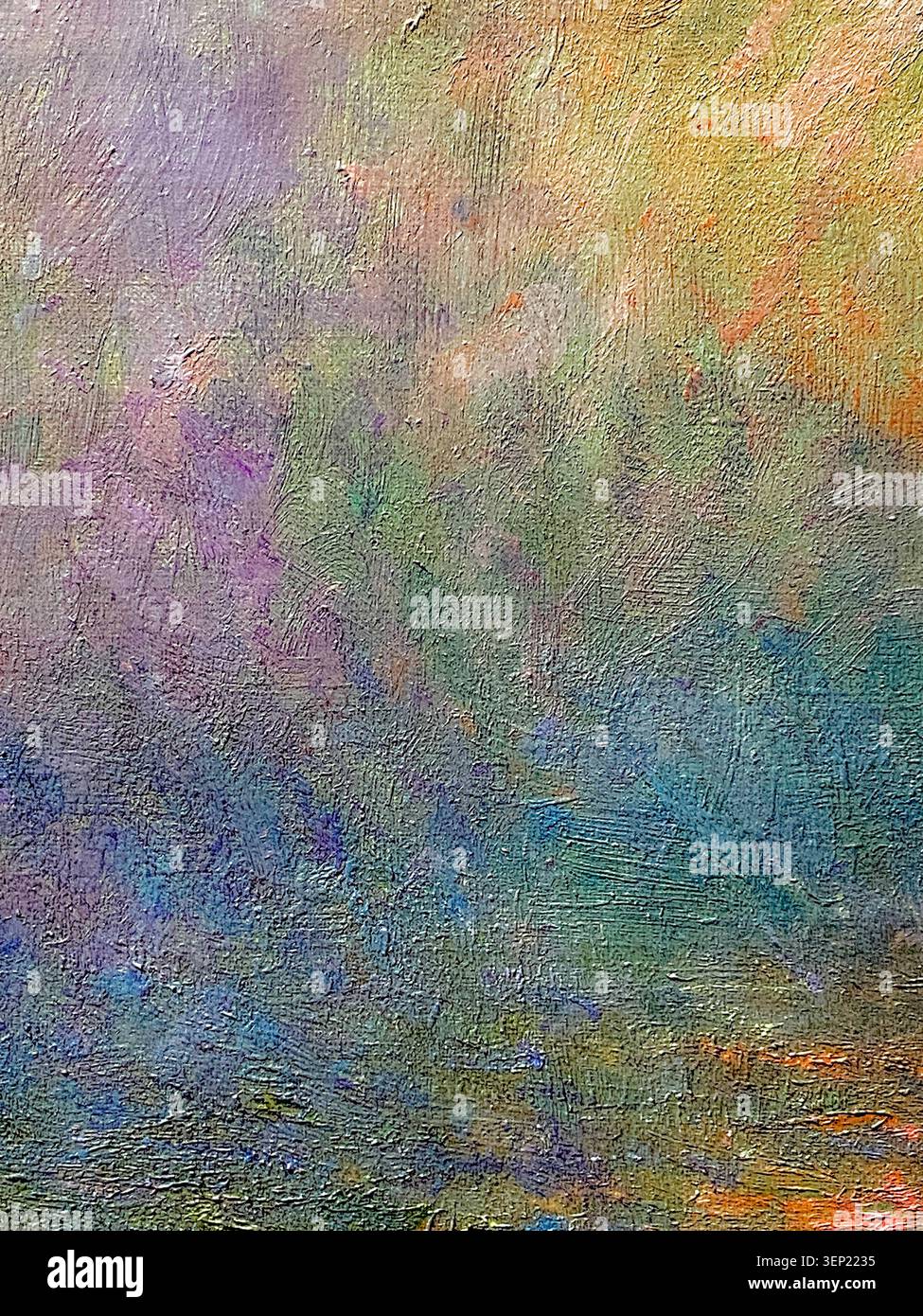 Nahaufnahme farbenfroher Pinselstriche in einem klassischen Meisterwerk des Impressionismus - Smartphone-aufgenommenes Stockfoto
