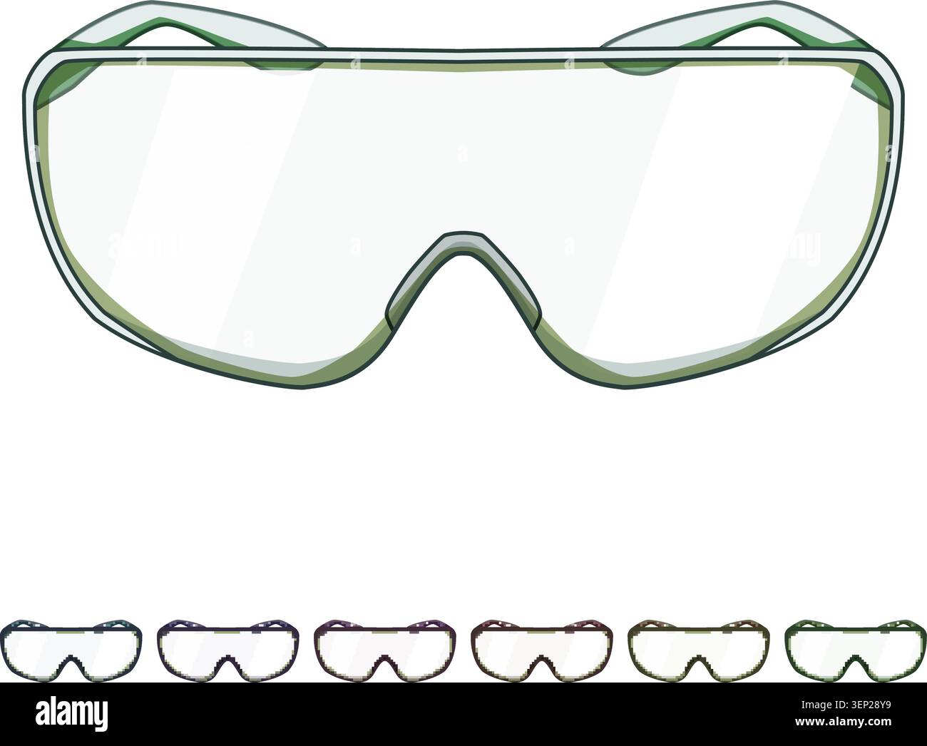 Schutzbrille mit transparenten Gläsern und stabilem Rahmen, unverzichtbare psa zum Schutz der Augen vor Spritzern, Staub und Ablagerungen in der Medizin, im Labor und in Gebäuden Stock Vektor