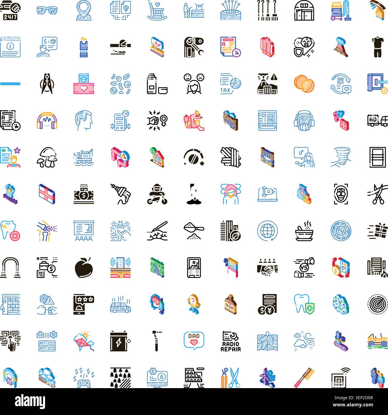 Set aus verschiedenen isometrischen Symbolen und Liniensymbolen, die verschiedene Themen abdecken, darunter Unternehmen, Technologie, Medizin, Natur und Dienstleistungen. illustrieren Stock Vektor