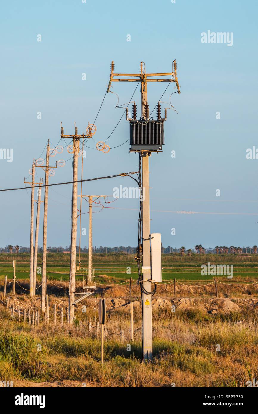Stromwandler und Versorgungsmasten zur Stromversorgung ländlicher Ackerflächen Stockfoto