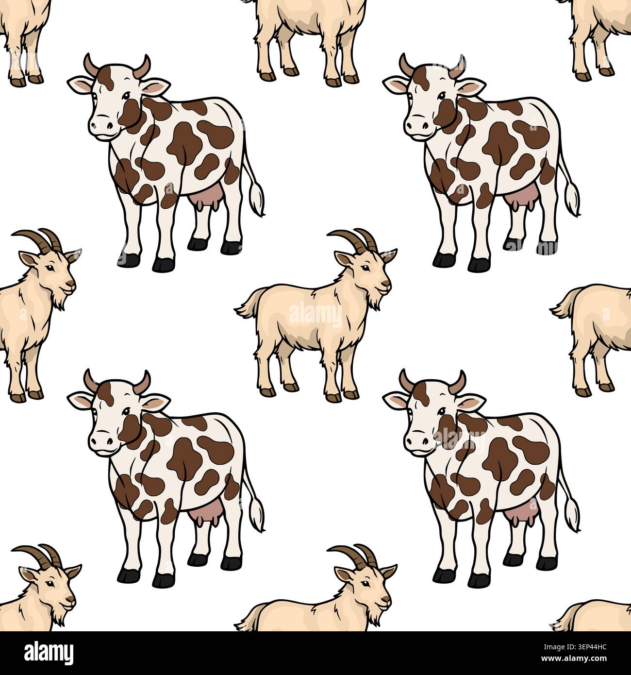 Niedliche Kuh- und Ziegenfarm Tier nahtlose Mustervektorillustration Stock Vektor