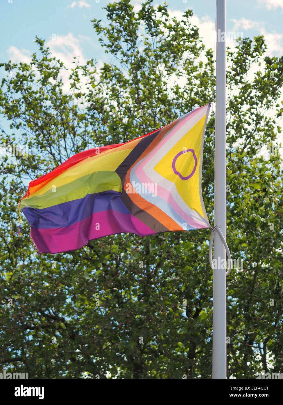 Die Stolz-Flagge vor den Bäumen, die während des Pride Month - Juni 2026 vor dem Civic Centre in Wolverhampton geflogen wurden Stockfoto