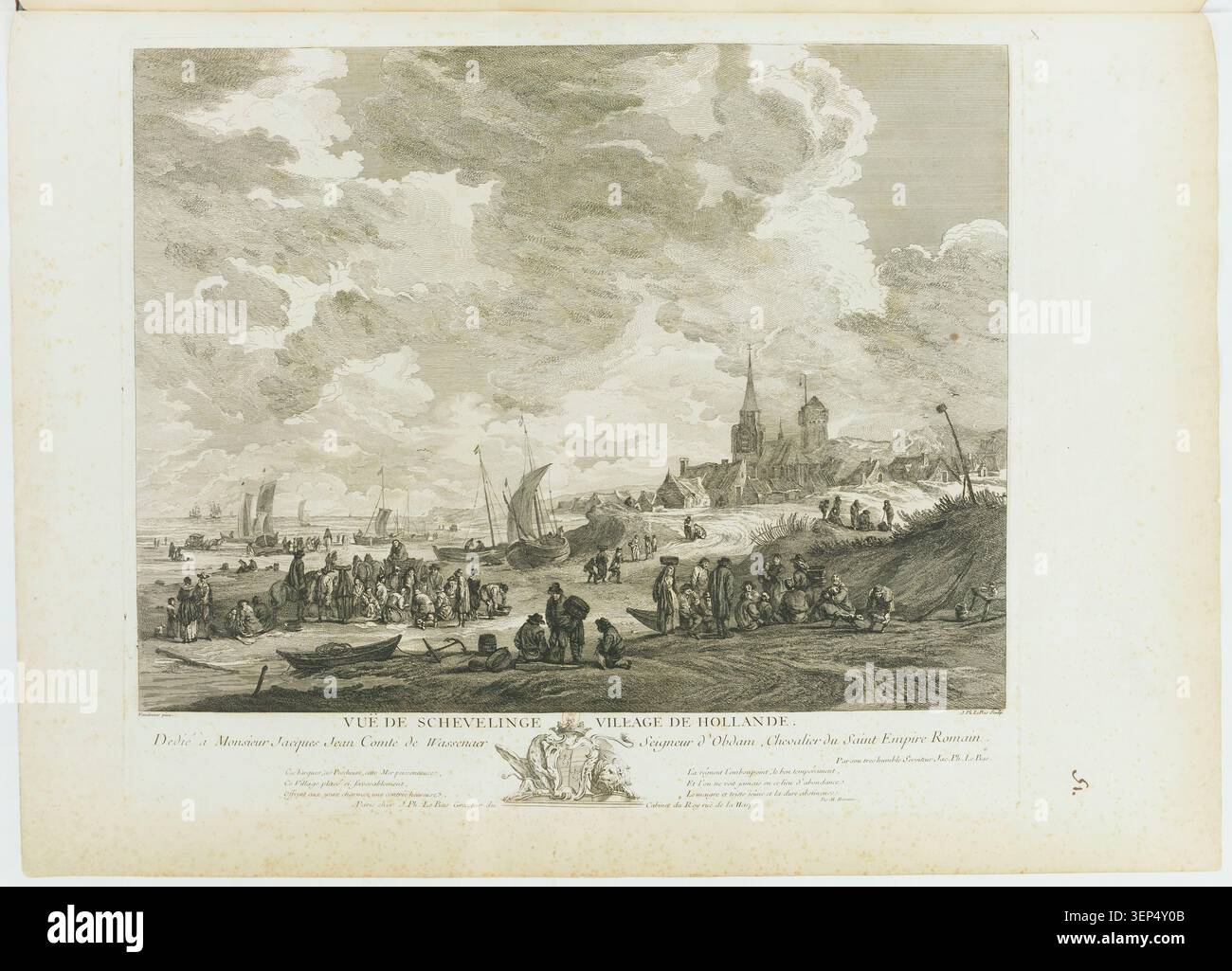 Das Küstendorf Scheveningen in Holland wird nach Vandrever als detailgetreue, gravierte Ansicht präsentiert, die von Jacques-Philippe Le Bas ausgeführt wurde. Es zeigt Häuserblocks, Küstenaktivität und maritime Atmosphäre, die typisch für niederländische Küstensiedlungen des 18. Jahrhunderts ist. Stockfoto