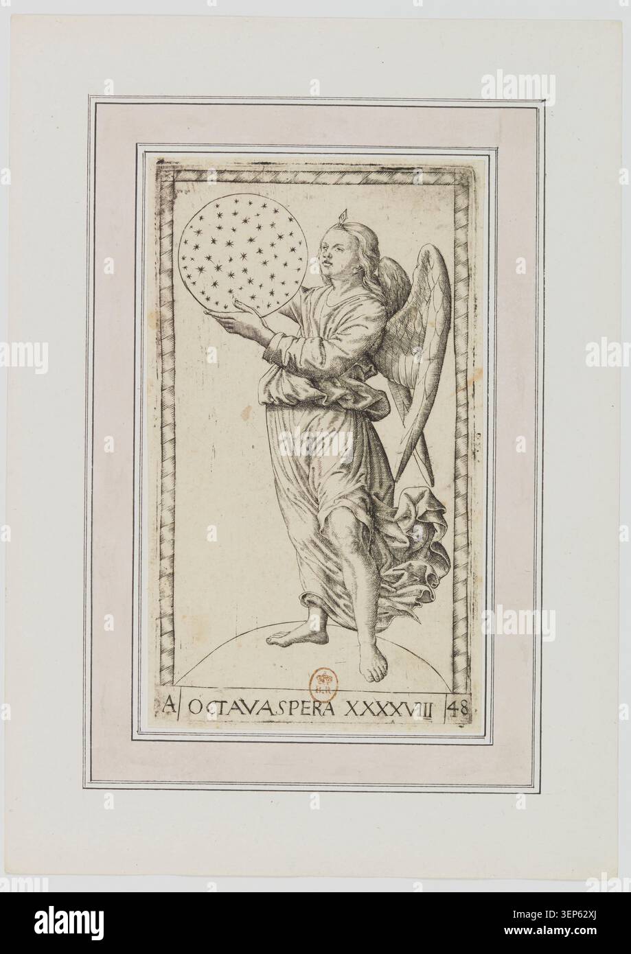 Die achte Sphäre zeigt eine Allegorie im Tarot-Stil der Renaissance, die einen strukturierten Kosmos illustriert, in dem Himmelsschichten das Universum zu einem hierarchischen System organisieren, das mittelalterliche Astronomie und philosophische Ideen über geordnete Himmel widerspiegelt. Stockfoto