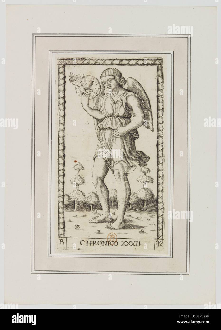 Das Genie der Zeit erscheint in einer allegorischen Karte der Renaissance, in der eine personifizierte zeitliche Kraft die Chronologie verkörpert, die klassische Philosophie und mittelalterliche Zeitkonzepte innerhalb einer strukturierten symbolischen Tarotsequenz widerspiegelt. Stockfoto
