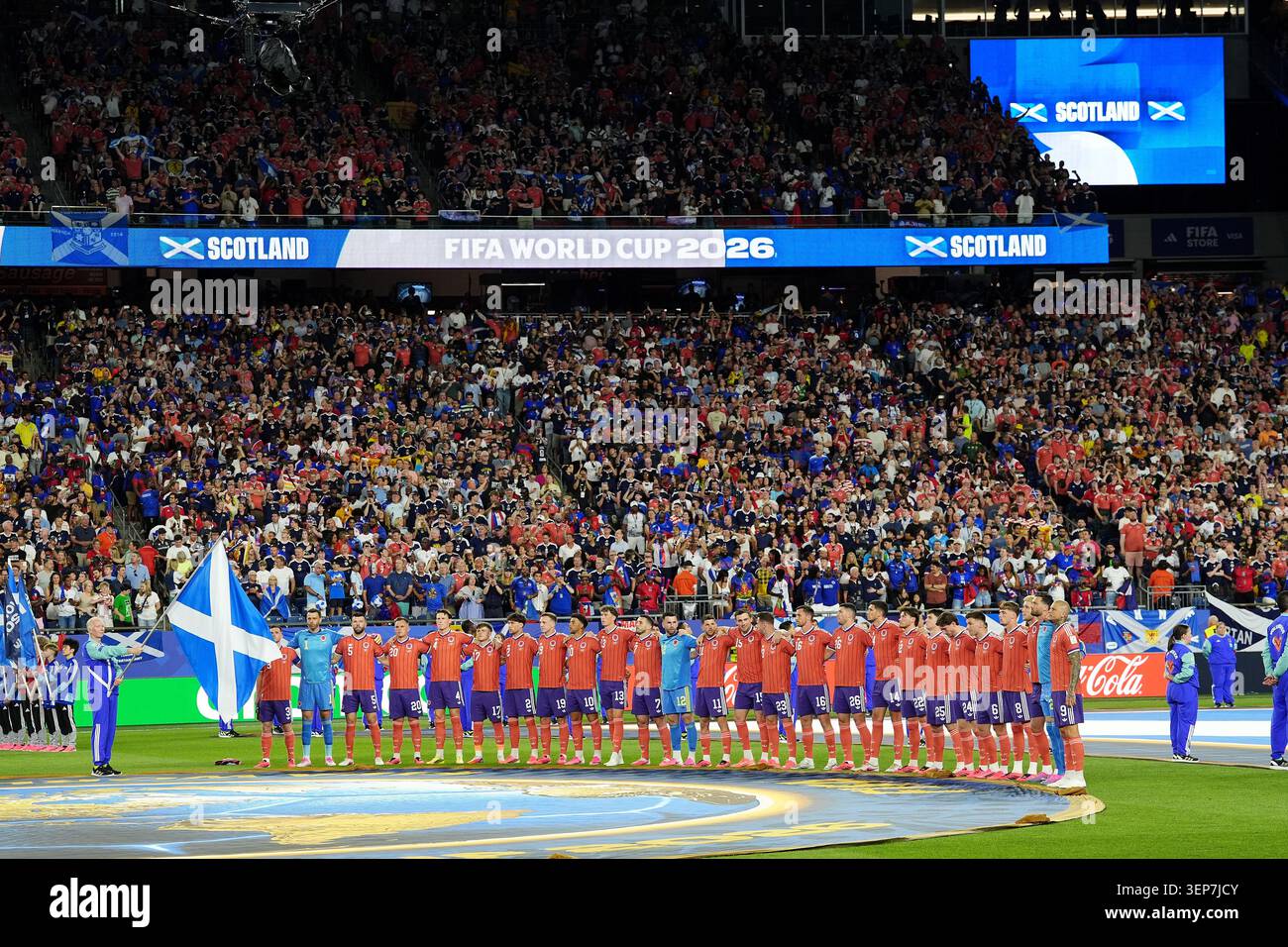 Die schottischen Spieler stehen vor dem Spiel der FIFA-Weltmeisterschaft Gruppe C im Boston Stadium in Foxborough. Bilddatum: Samstag, 13. Juni 2026. Stockfoto
