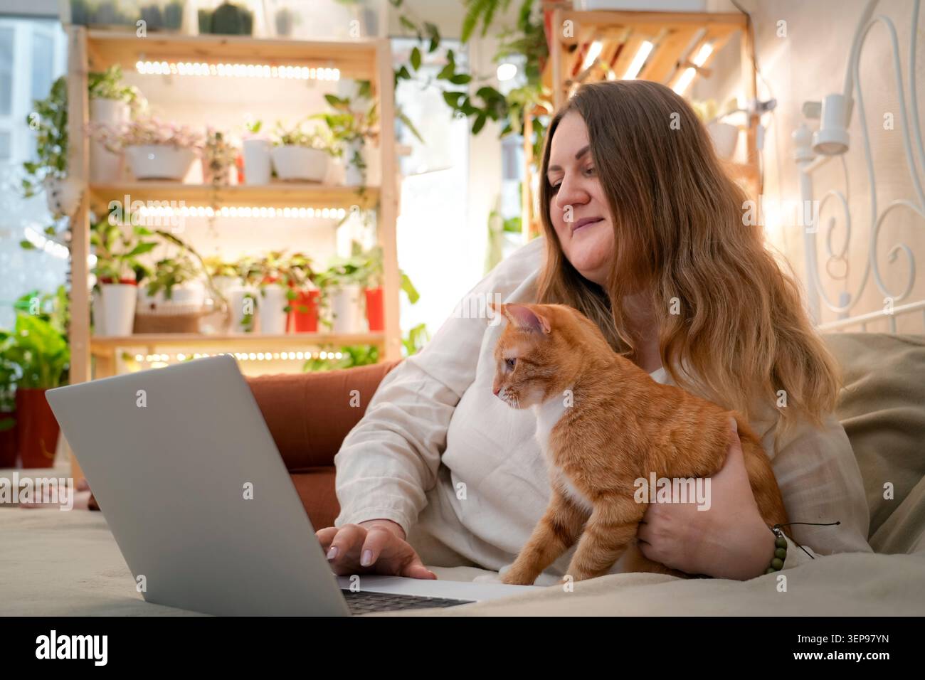 Die Frau arbeitet von ihrem gemütlichen Bett aus mit einem Laptop, während eine liebevolle rote Katze bequem auf ihrem Schoß sitzt. Die warme Atmosphäre umfasst viele pla Stockfoto