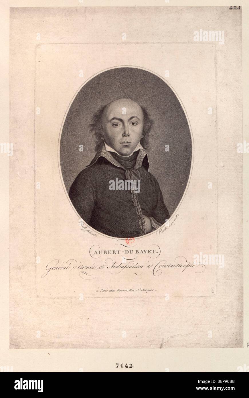 Aubert-du Bayet, französischer General und Botschafter in Konstantinopel, wird 1796 in einem Stich dargestellt, der von Louis Charles Ruotte nach einem Werk von Boilly ausgeführt wurde. Das Porträt zeigt seinen militärischen Rang und seine diplomatische Ernennung während der Directoire-Periode. Stockfoto