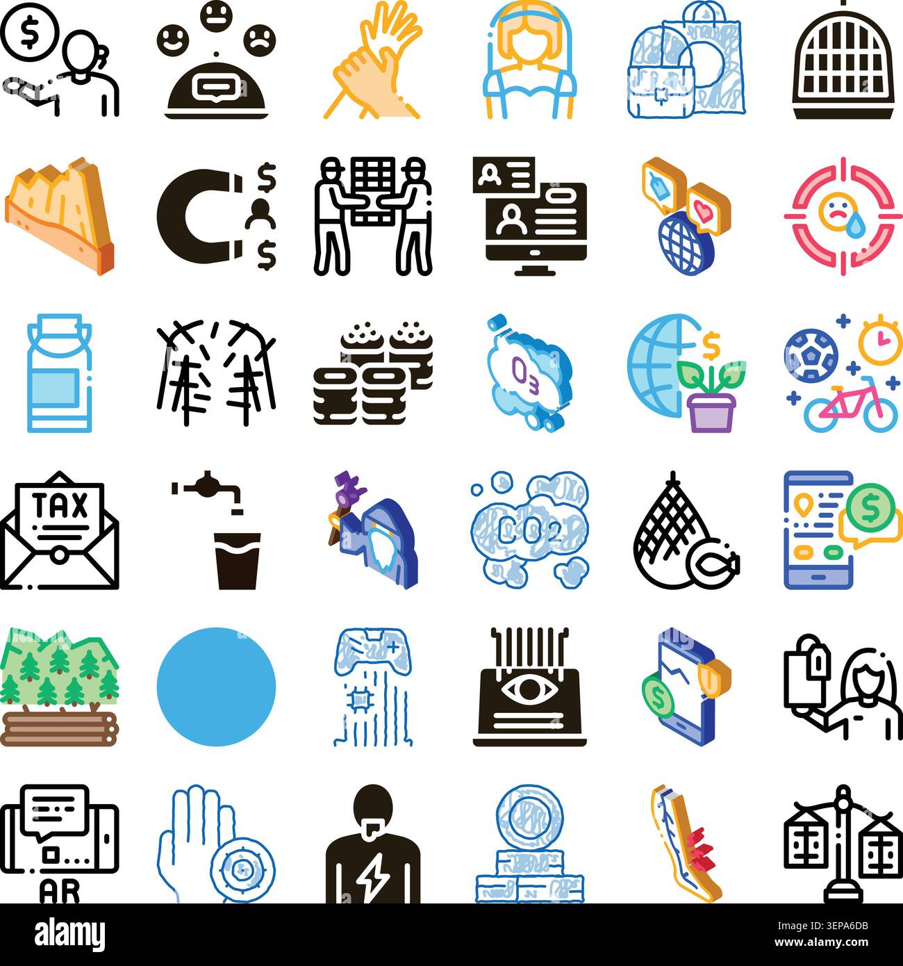 Sammlung von grafischen Symbolen, die verschiedene Konzepte in Bezug auf Finanzen, Umwelt, Technologie, Gesellschaft, Gesundheit, und e Learning, Nutzu Stock Vektor