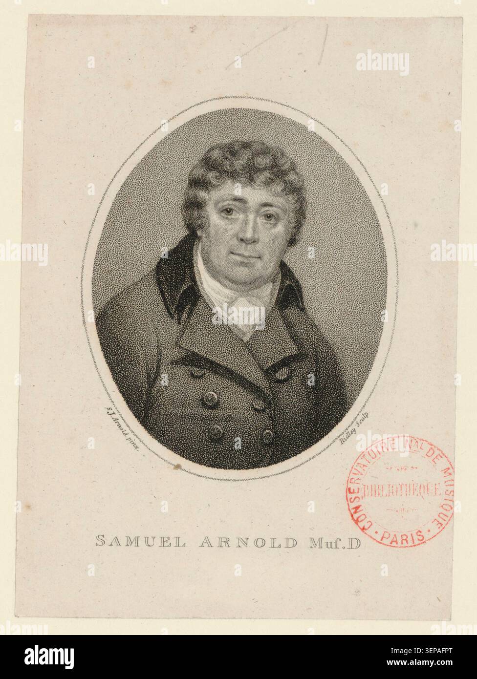 Samuel Arnold erscheint in einem Stich aus dem Jahr 1800. Das Porträt wurde von William Ridley nach Samuel James Arnold graviert und zeichnet den britischen Komponisten und Musiker in einer formalen Porträtkomposition aus der Wende zum 19. Jahrhundert auf. Stockfoto