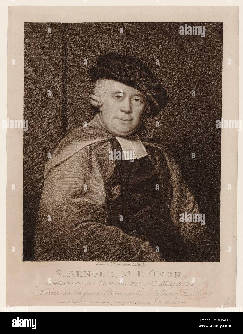 Samuel Arnold komponiert und konzertiert 1797 in England. Der Stich von Thomas Hardy dokumentiert seine Tätigkeit als Komponist und Keyboarder im späten 18. Jahrhundert. Stockfoto