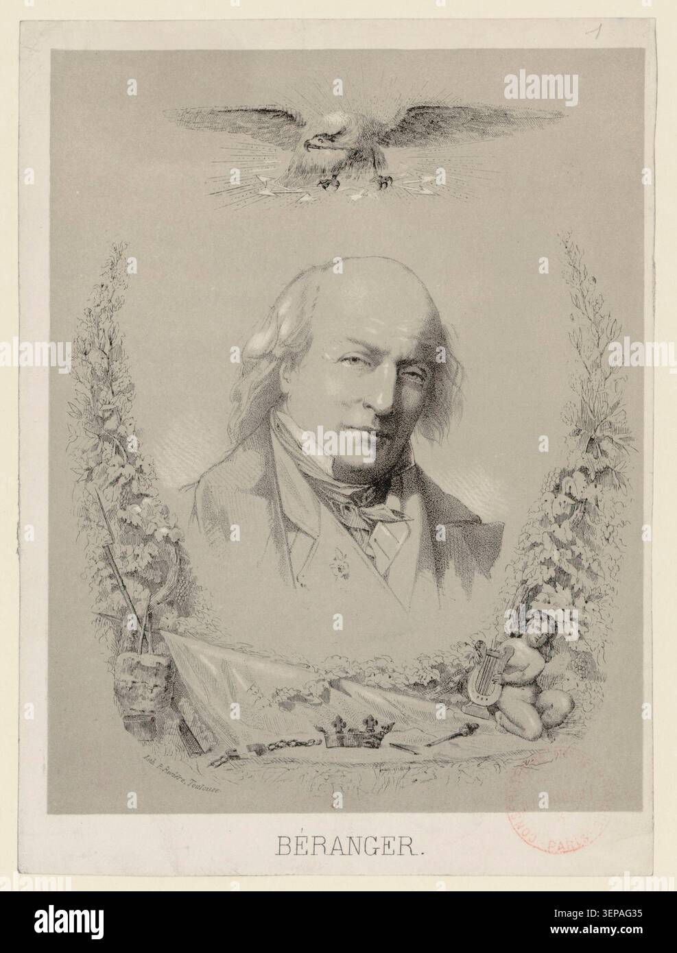 Ein Porträt aus dem Jahr 1880 zeigt Pierre-Jean de Béranger (1780–1857), das vom Lithographen P. Rivière in Toulouse produziert wurde und den Songschreiber in einer formalen Abbildung innerhalb einer Reihe bemerkenswerter musikalischer Figuren aufnimmt. Stockfoto