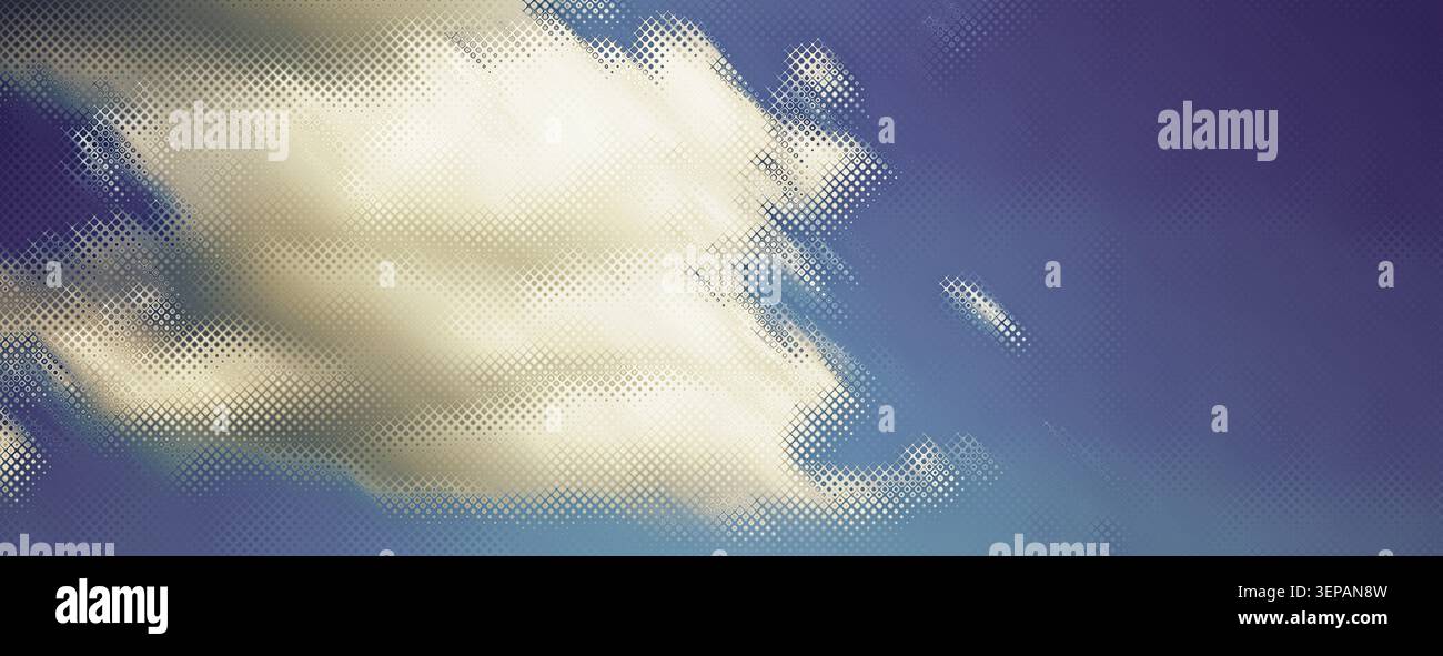 Traumhafter, pixeliger Himmel Hintergrund. Leuchtend weiße Wolke im Pop Art-Stil auf dunklem lila und blauem Hintergrund. Stockfoto