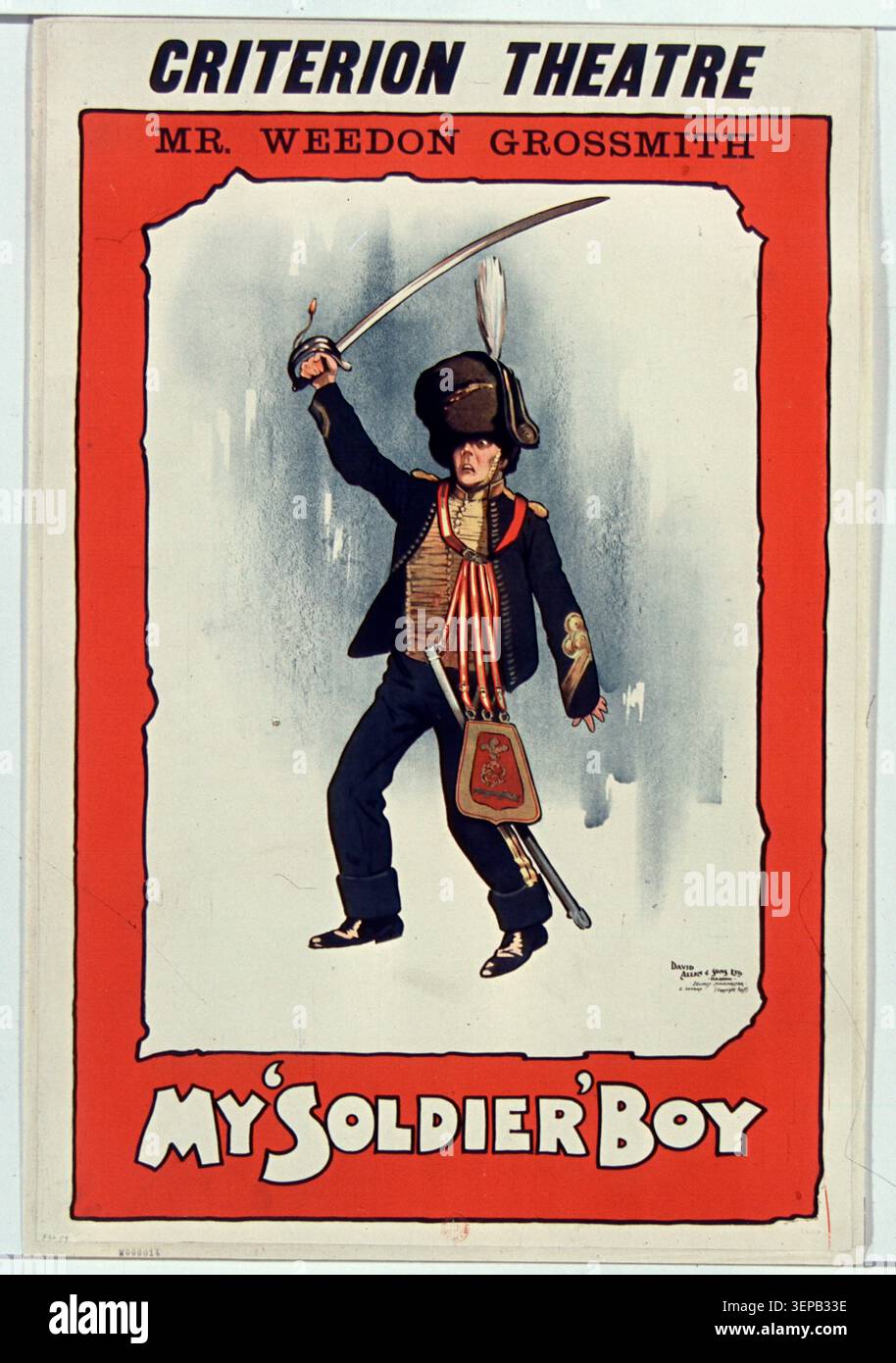 Ein Lithografie-Poster wirbt für die Criteria Theatre-Produktion My Soldier Boy in London, in der ein Promotiontheater für eine englische Bühnenaufführung im Jahr 1890 präsentiert wird und die spätviktorianische Unterhaltungskultur reflektiert. Stockfoto