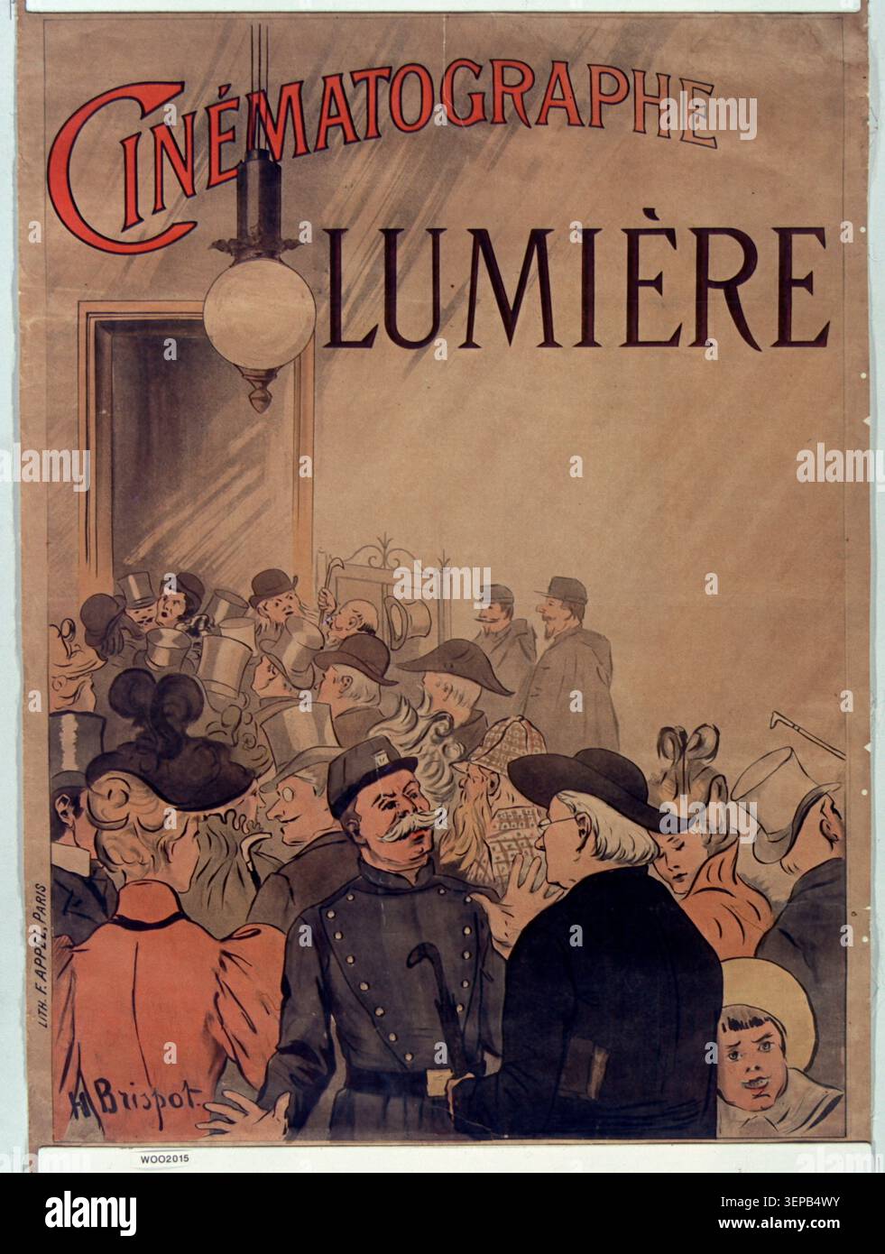Das Plakat Cinématographe Lumière, illustriert von Henri Brispot im Jahr 1896, fördert die Lumière-Filmausstellung und präsentiert die frühe Kinounterhaltung der Brüder Lumière und die Entstehung öffentlicher Filmvorführungen. Stockfoto