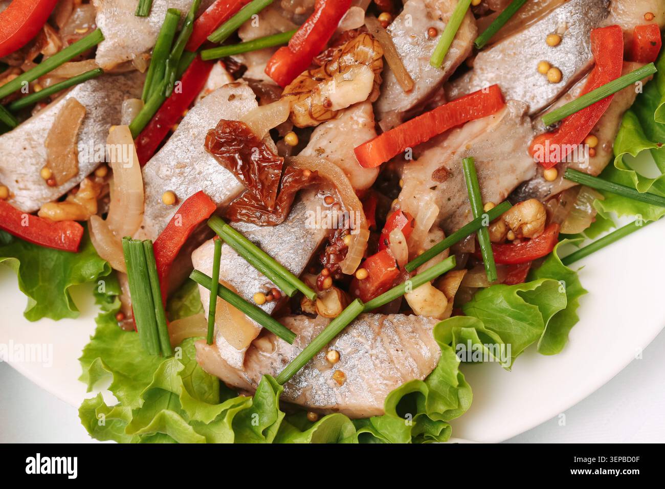 Hering mit sonnengetrockneten Tomaten, Zwiebeln und frischen Kräutern, serviert auf Salat. Traditioneller Fisch Vorspeise Hintergrund für kaltes Buffet und Partyessen. Stockfoto