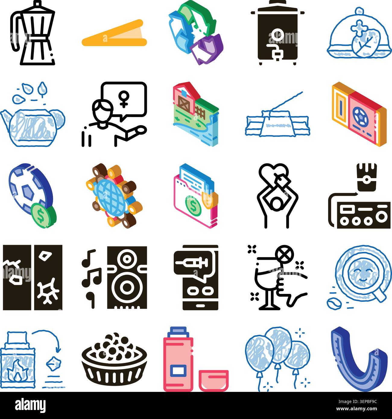 Umfassende Sammlung verschiedener Symbole für verschiedene Konzepte wie Recycling, Kaffee, Musik, medizinische Versorgung, Finanzen, Sport, Soziales Stock Vektor