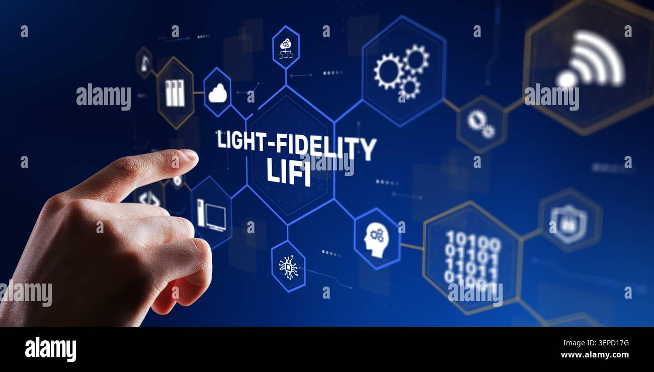 LiFi Light Fidelity drahtlose Kommunikationstechnologie für Hochgeschwindigkeitsdatenübertragung mit interaktiven digitalen Elementen Stockfoto