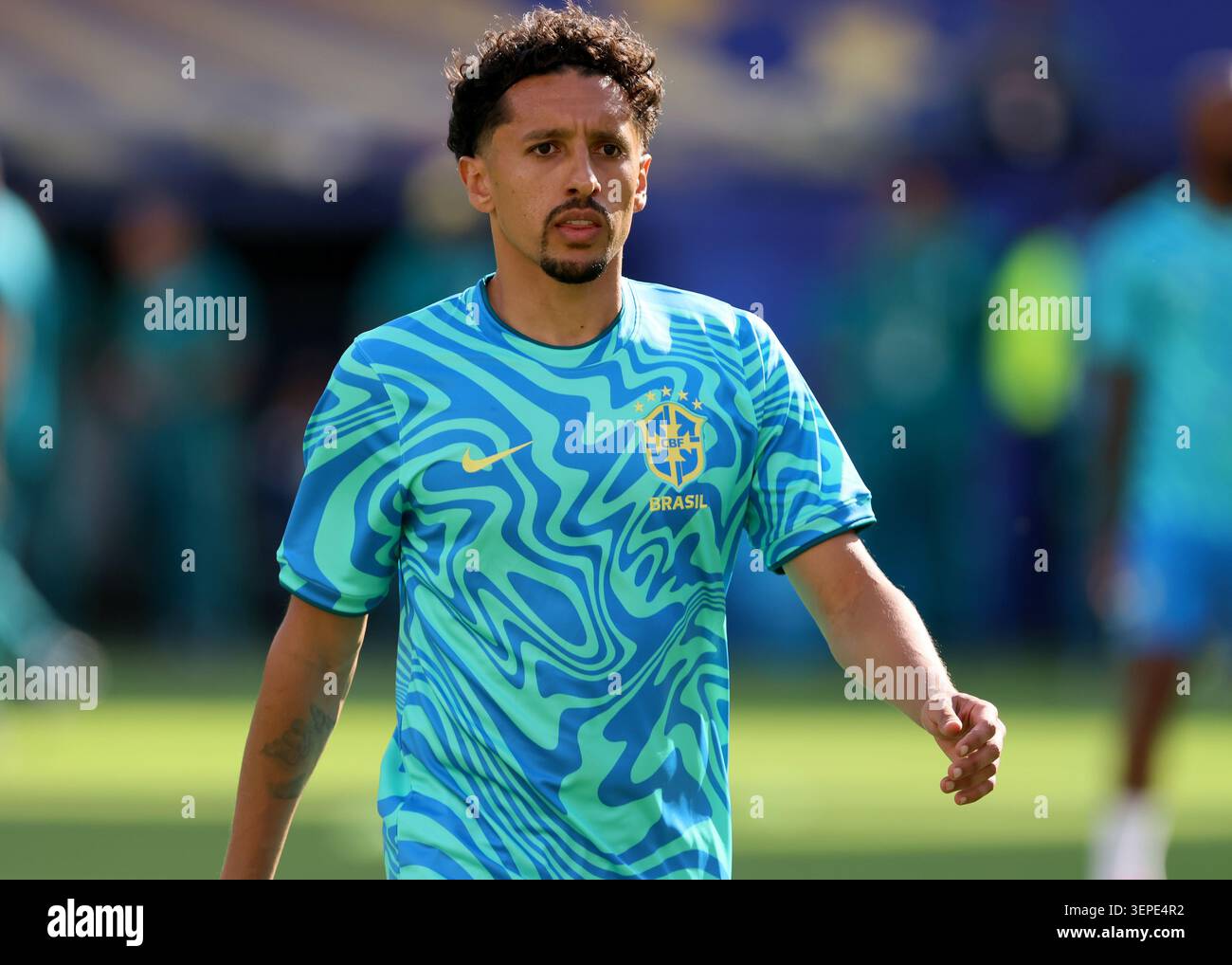 Marquinhos aus Brasilien bereitet sich vor dem Spiel der Gruppe C der FIFA-Weltmeisterschaft 2026 zwischen Brasilien und Marokko am 13. Juni 2026 im New York New Jersey Stadium in East Rutherford, USA, auf. Stockfoto