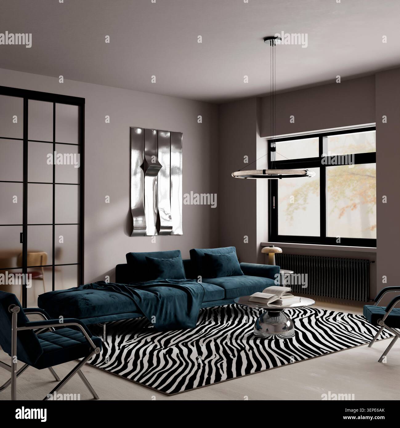 Elegantes, modernes Wohnzimmer mit samtblauen Sitzmöbeln, gestreiftem Teppich, skulpturalen Möbeln und raffiniertem zeitgenössischem Stil. 3D-Abbildung Stockfoto
