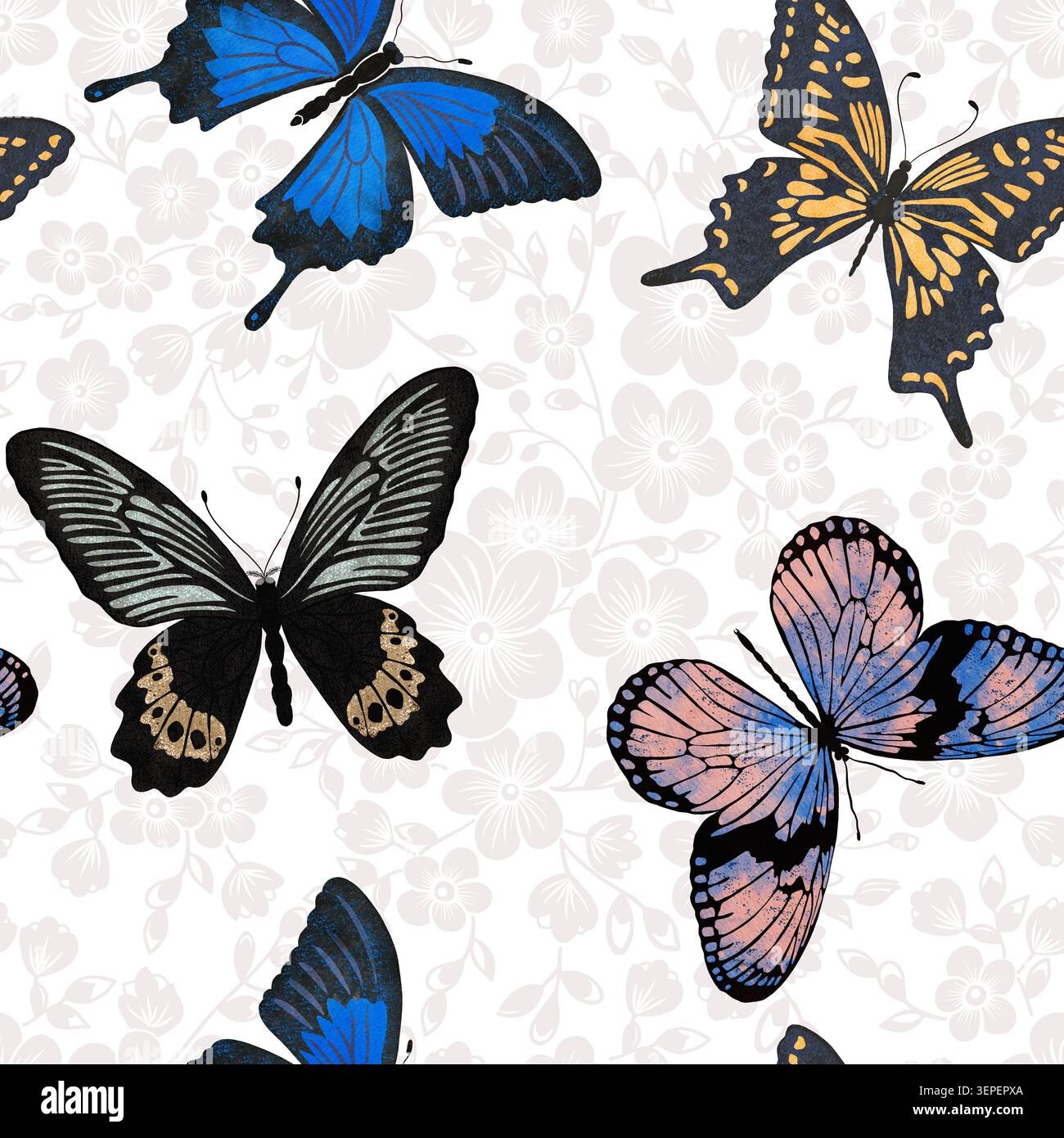 Buntes Aquarell Schmetterling nahtloses Muster auf blassem Blumen Hintergrund Stockfoto