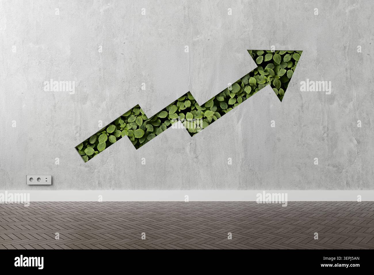 Grüne Blätter, die auf einer Betonmauer einen nach oben zeigenden Pfeil bilden, symbolisieren Umweltwachstum und nachhaltige Entwicklung Stockfoto