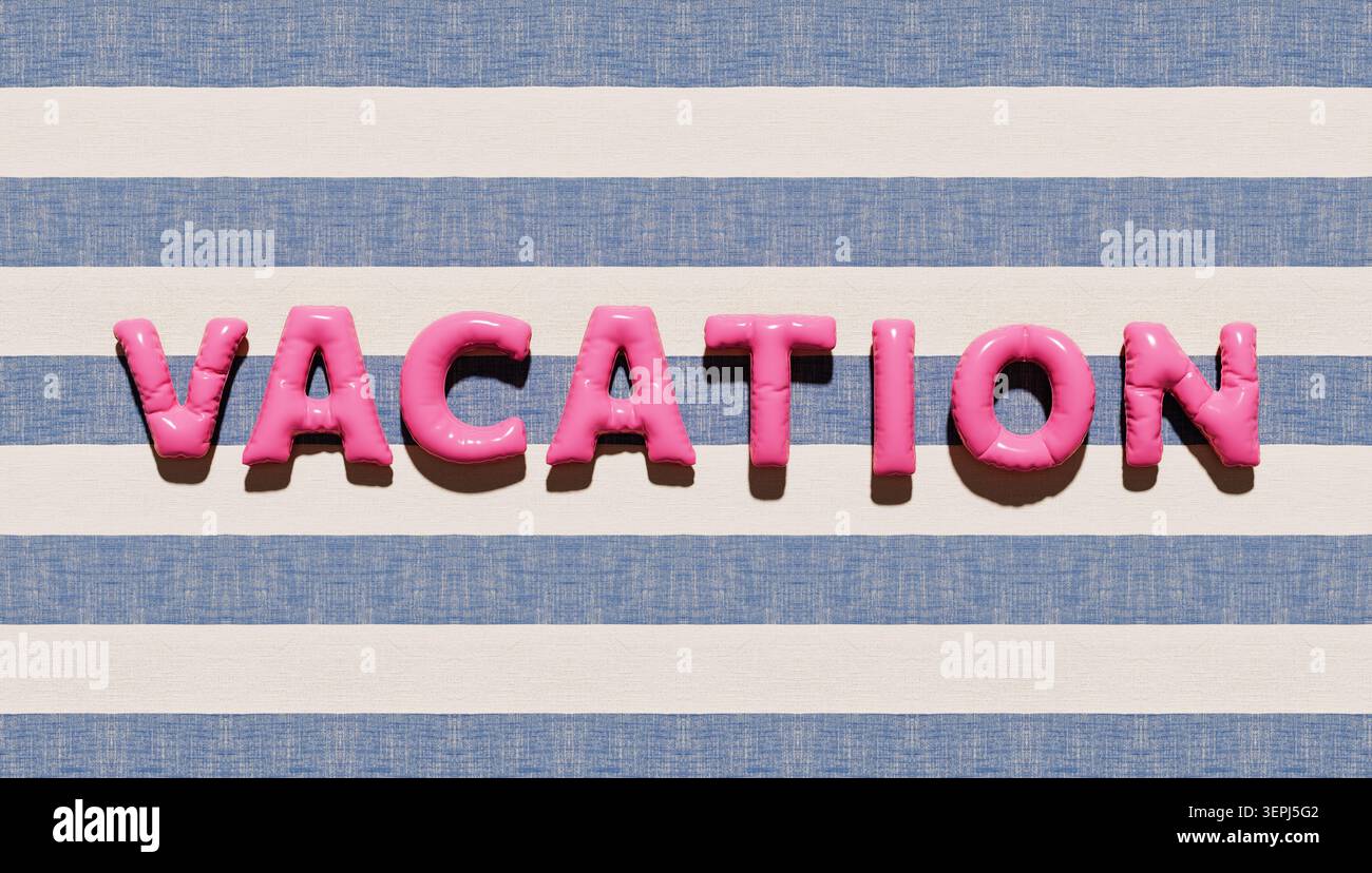 Urlaubswort aus rosafarbenen Buchstaben auf einem Hintergrund aus blauen und weißen Streifen, die den Spaß an Sommerferien darstellen Stockfoto