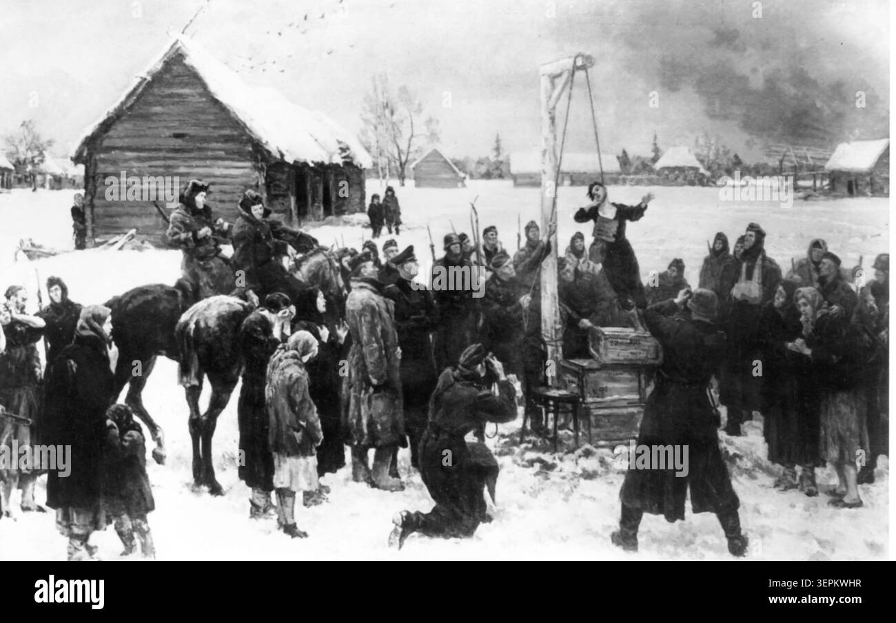 Gemälde der Hinrichtung des 18-jährigen russischen Scharfschützen zoja kosmodemyanskaja während des Zweiten Weltkriegs. Stockfoto