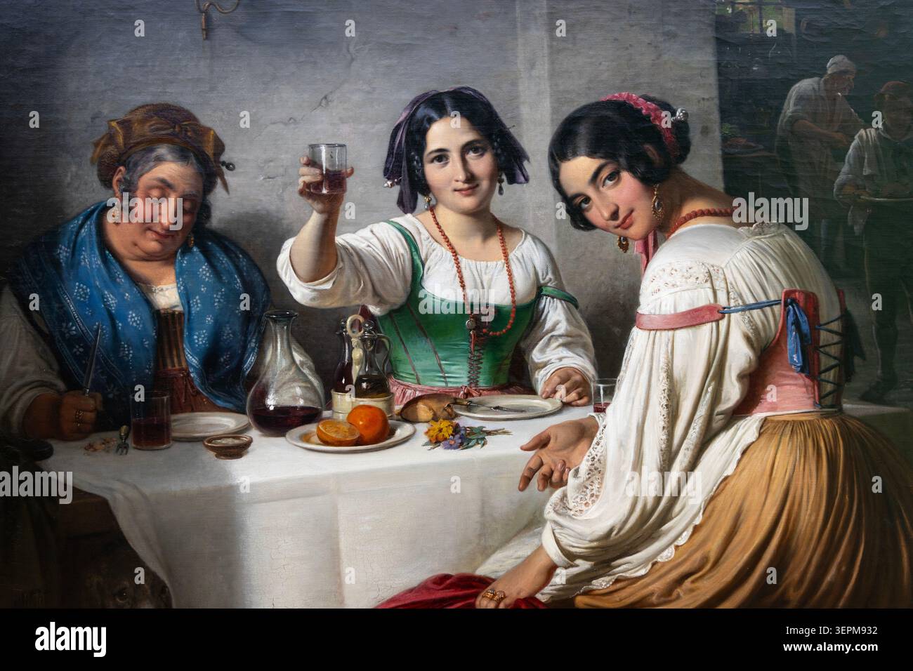 „Italienische Osteria Scene, Mädchen begrüßt eine Person, die hereinkommt“ von Wilhelm Marstrand, NY Carlsberg Glyptotek Museum, Kopenhagen, Dänemark Stockfoto