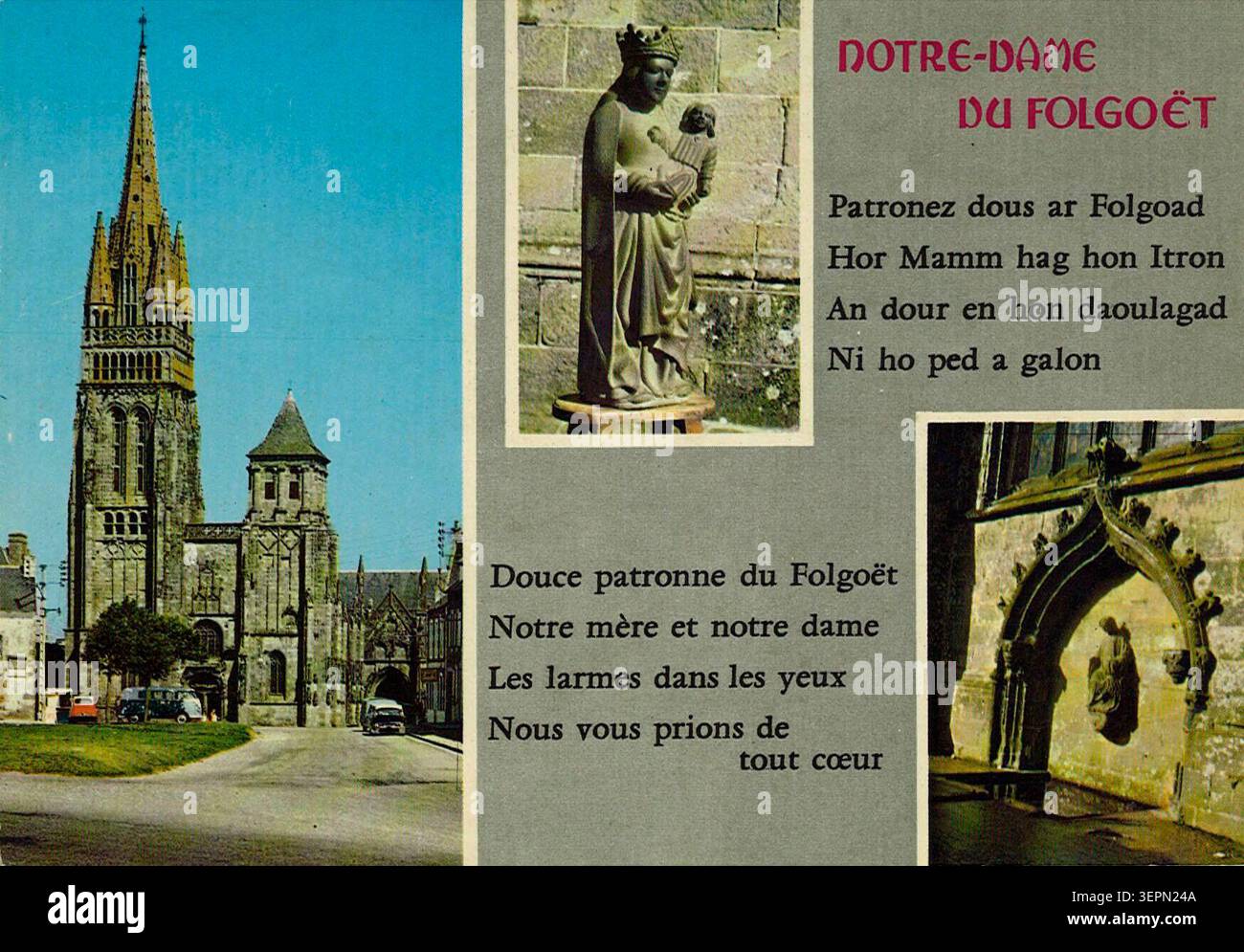 Der Komplex der Basilika Notre-Dame du Folgoët in Finistère ist auf einer Postkarte aufgezeichnet, auf der religiöse Architektur, Statuen und Brunnenelemente in der Wallfahrtsstätte von Le Folgoët erscheinen. Stockfoto
