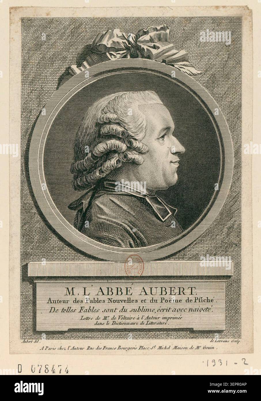 Porträt zeigt Jean-Louis Aubert, einen französischen Abbé und Schriftsteller aus dem 18. Jahrhundert, der sich in literarischen und klerikalen Kreisen während der Aufklärung engagierte und mit intellektuellen Salons und kirchlichen Gelehrten innerhalb des französischen kulturellen und religiösen Lebens verbunden war. Stockfoto
