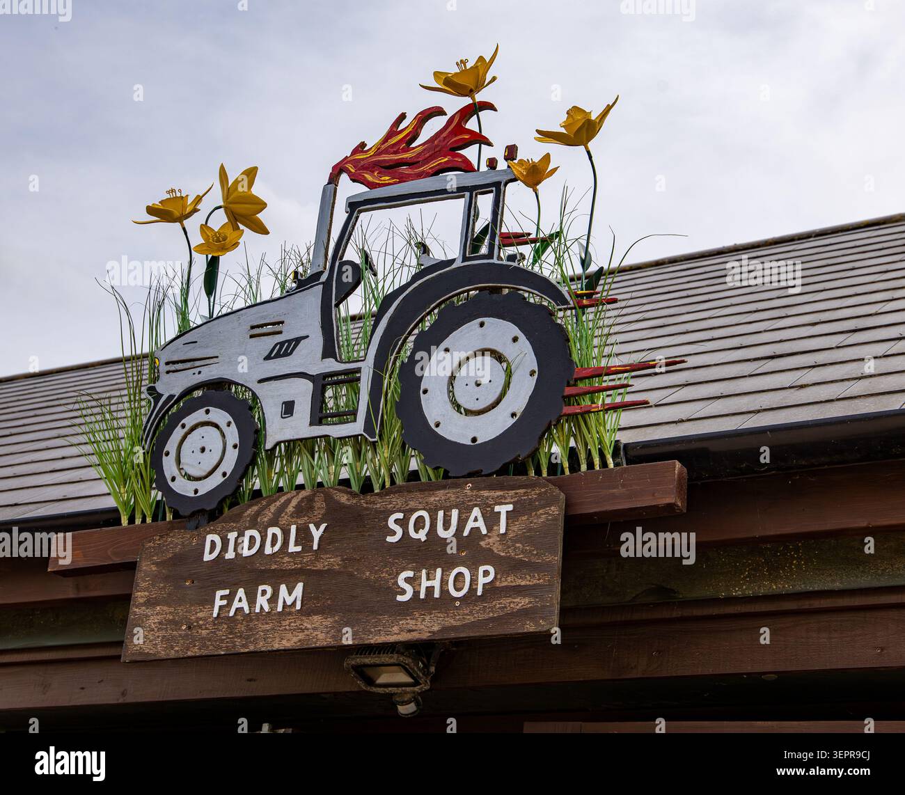Ein dekoratives Schild aus Metall mit Blumen und Flammen über dem Holzschild des Diddly Squat Farm Shop in Chadlington Oxfordshire Stockfoto