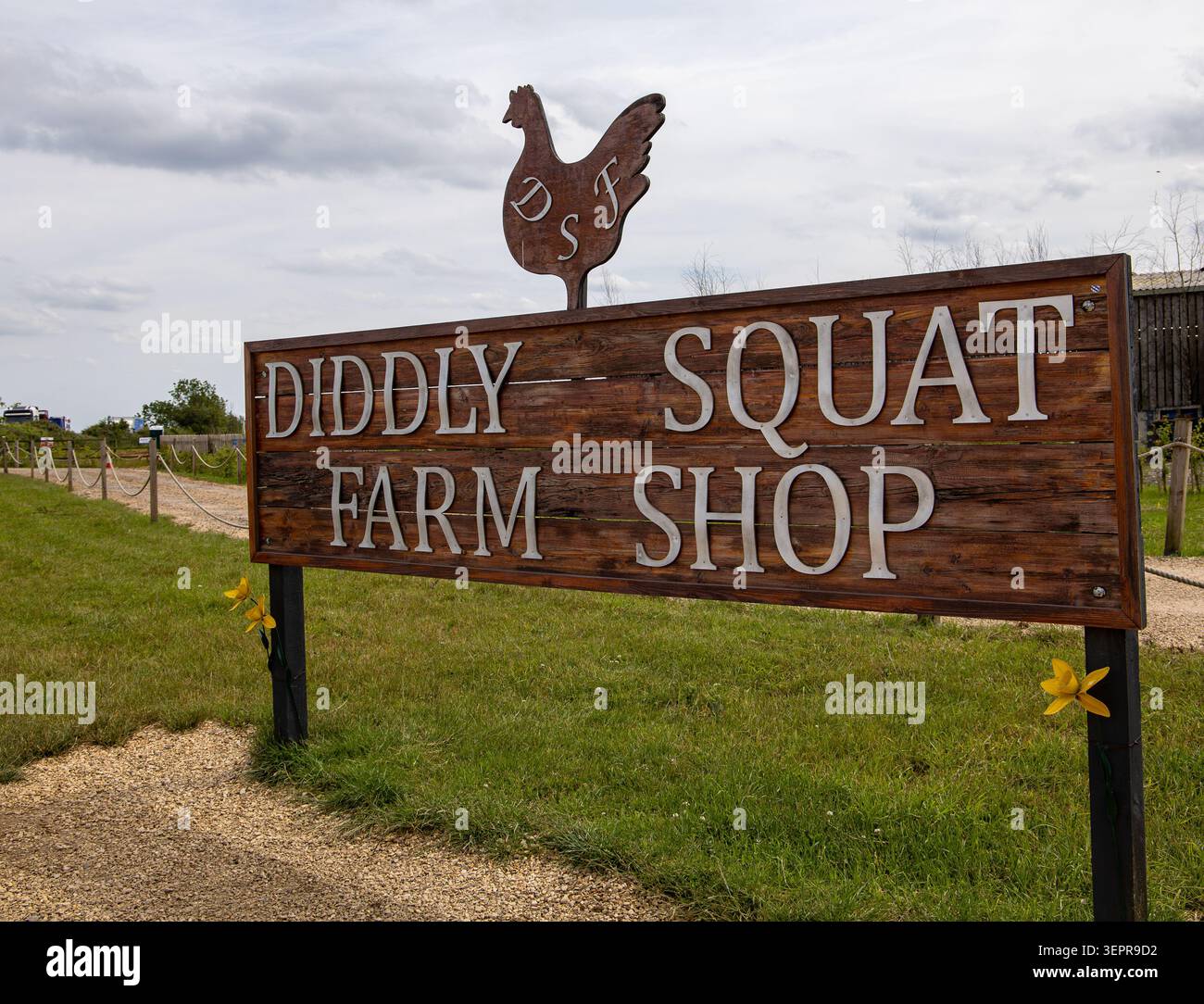 Holzschild für Diddly Squat Farm Shop mit Hühnersilhouette in der Landschaft von Oxfordshire Stockfoto
