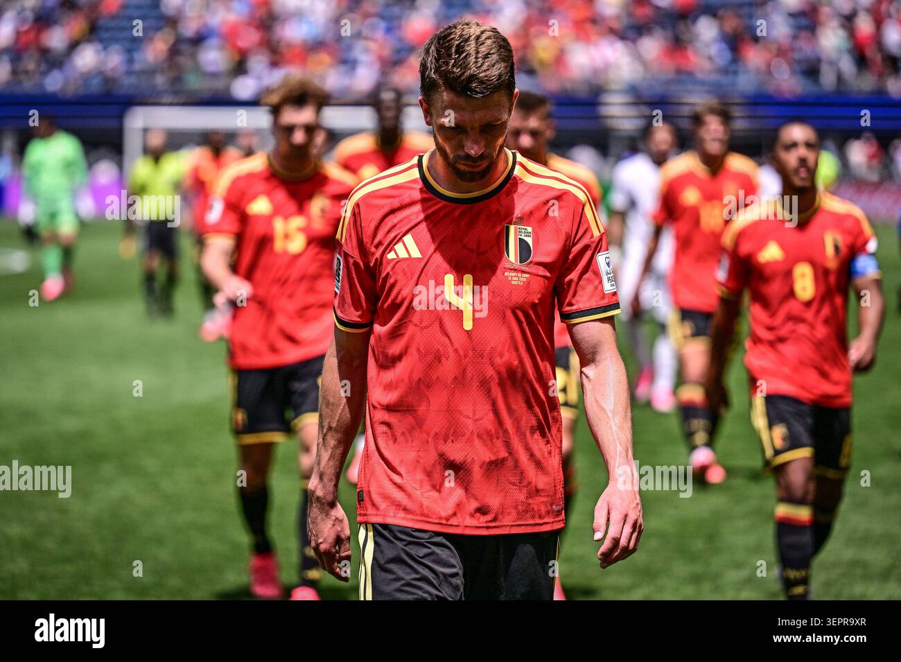 Seattle, Usa. Juni 2026. Brandon Mechele aus Belgien wurde am Montag, den 15. Juni 2026, in Seattle, dem ersten Gruppenspiel der FIFA-Weltmeisterschaft 2026 in den Vereinigten Staaten von Amerika, während eines Fußballspiels zwischen der belgischen Nationalmannschaft Red Devils und Ägypten gezeigt. Die Diables Rouges - Rode Duivels wurden in Gruppe G. BELGA FOTO DIRK WAEM Credit: BELGA News Agency/Alamy Live News gezogen Stockfoto