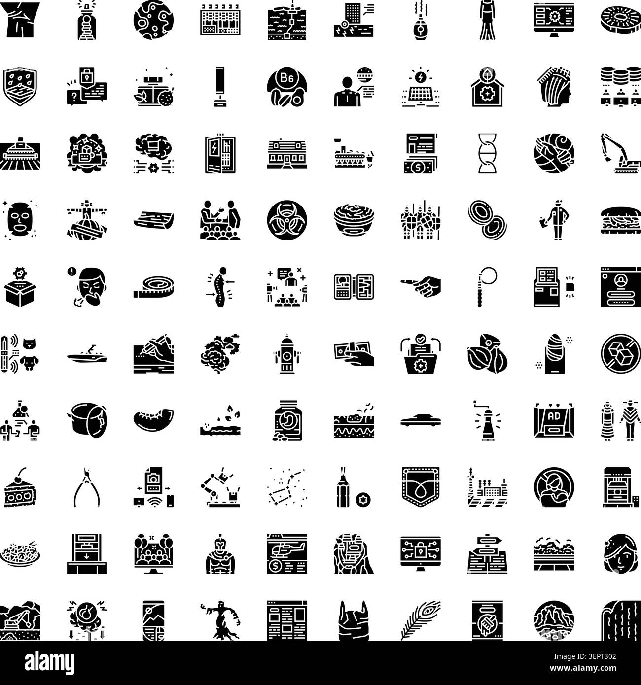 Große Sammlung verschiedener monochromer Glyphicons mit einer Vielzahl von Objekten, Konzepten und Symbolen, die für Anwendungen, Websites und in nützlich sind Stock Vektor
