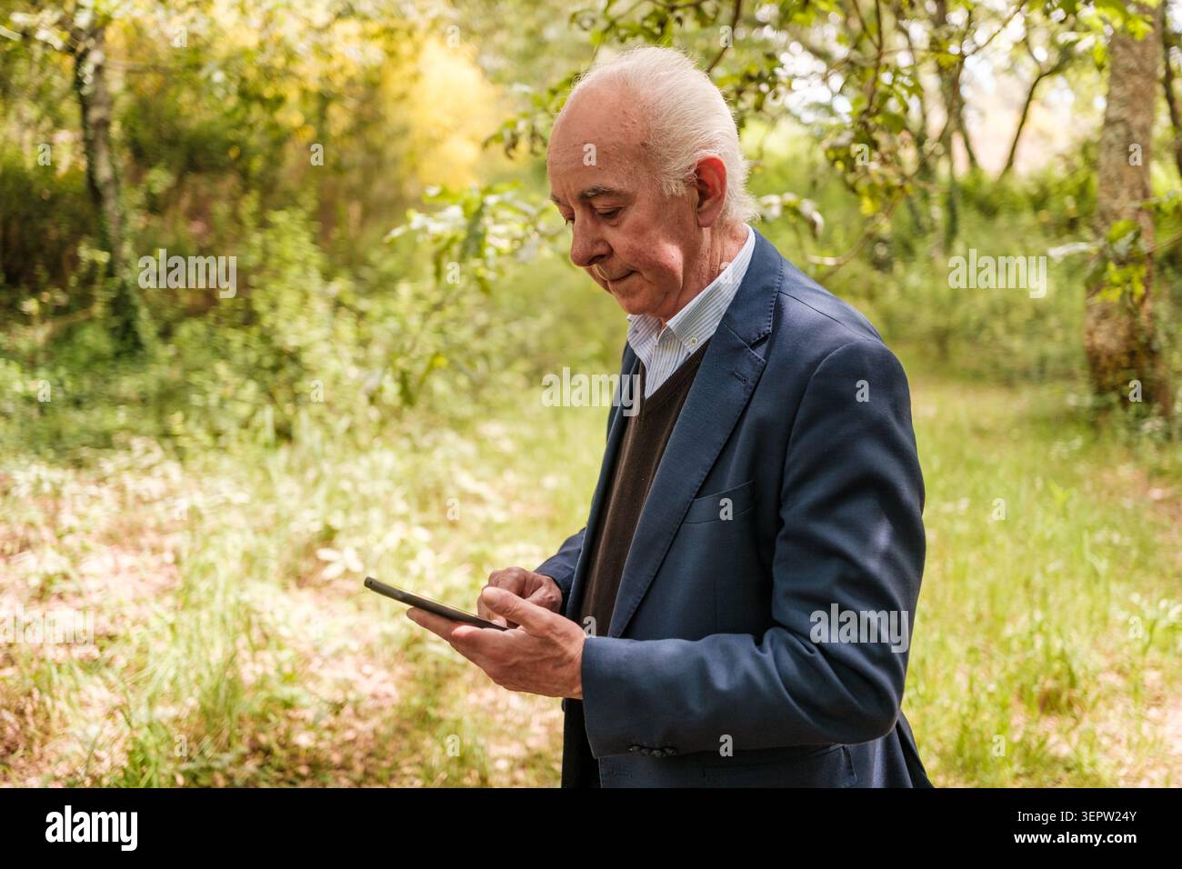 Senior Mann interagiert draußen mit einem Smartphone, umgeben von grünen Bäumen Stockfoto