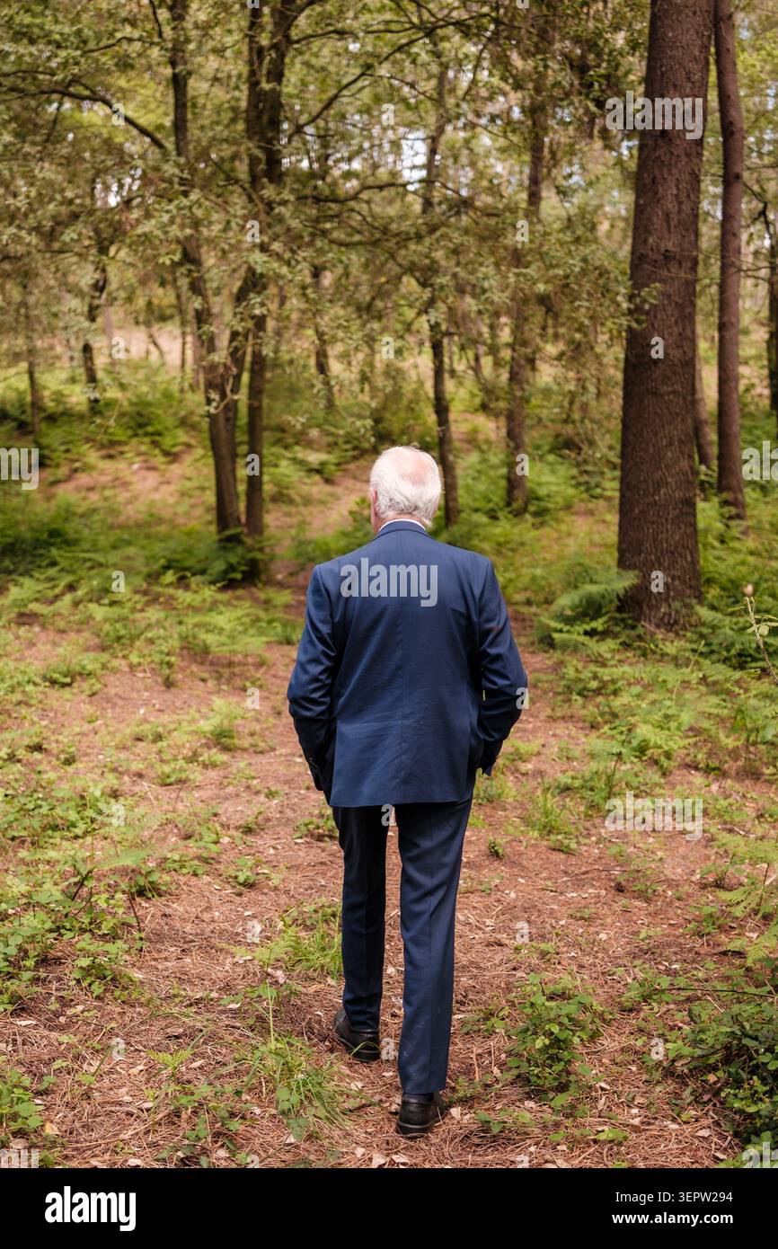 Senior Mann in blauem Anzug, der auf einem Waldweg weggeht, Einsamkeit und Reise erwägt Stockfoto
