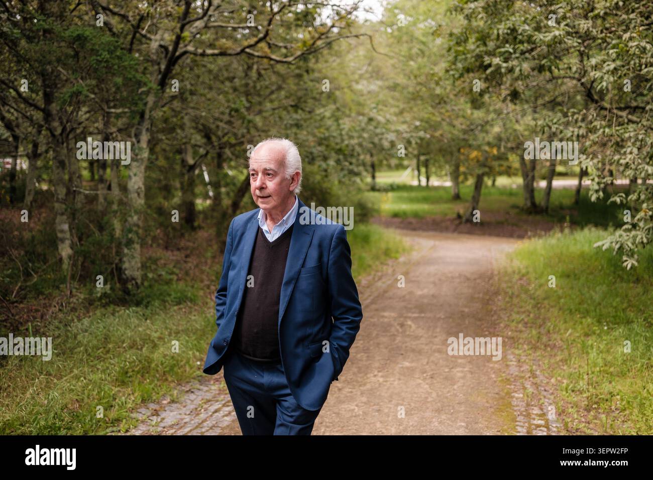 Senior man geht langsam besinnlich auf einem Pfad durch den Park Stockfoto