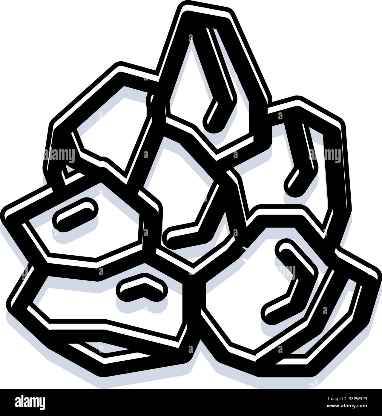 Abstrakte Illustration, die einen Haufen geometrischer Felsen und Mineralien zeigt, in einem grafischen Umrissstil mit einem subtilen Schatten präsentiert, was ein modernes und schafft Stock Vektor